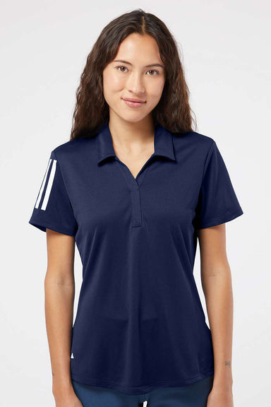 Adidas A481 Womens Floating 3 UPF 50+ Stripes Short Sleeve Polo Shirt Team Navy Blue/White Model Front