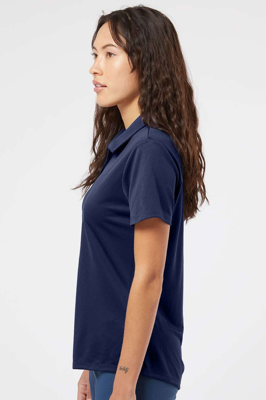 Adidas A481 Womens Floating 3 UPF 50+ Stripes Short Sleeve Polo Shirt Team Navy Blue Model Side