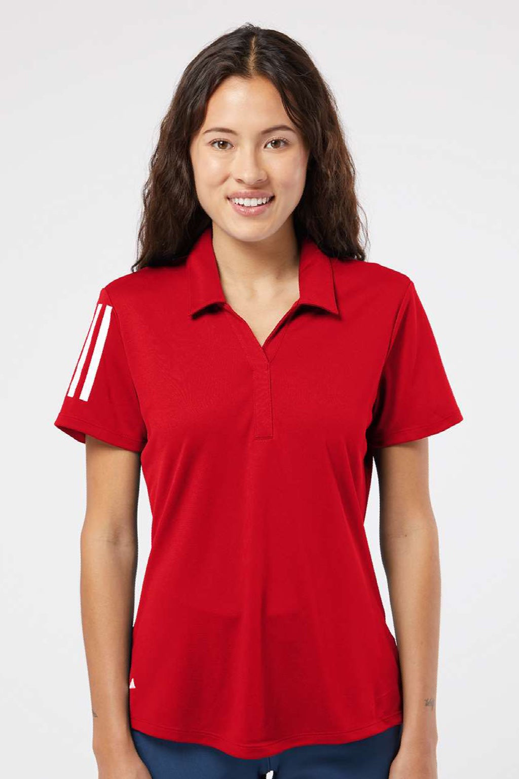 Adidas A481 Womens Floating 3 UPF 50+ Stripes Short Sleeve Polo Shirt Team Power Red Model Front