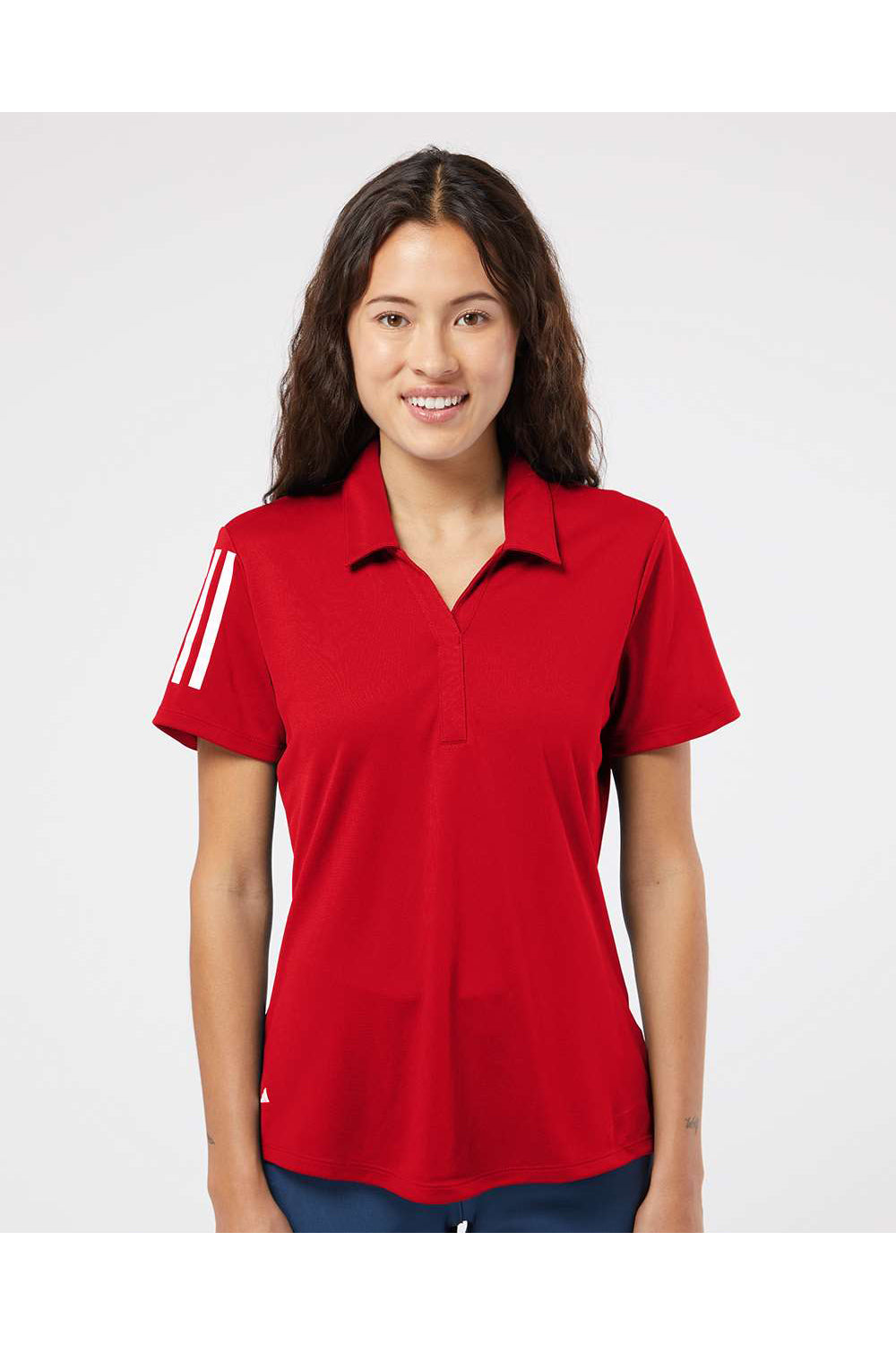 Adidas A481 Womens Floating 3 Stripes Polo Shirt Team Power Red/White Model Front