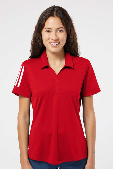 Adidas A481 Womens Floating 3 UPF 50+ Stripes Short Sleeve Polo Shirt Team Power Red/White Model Front