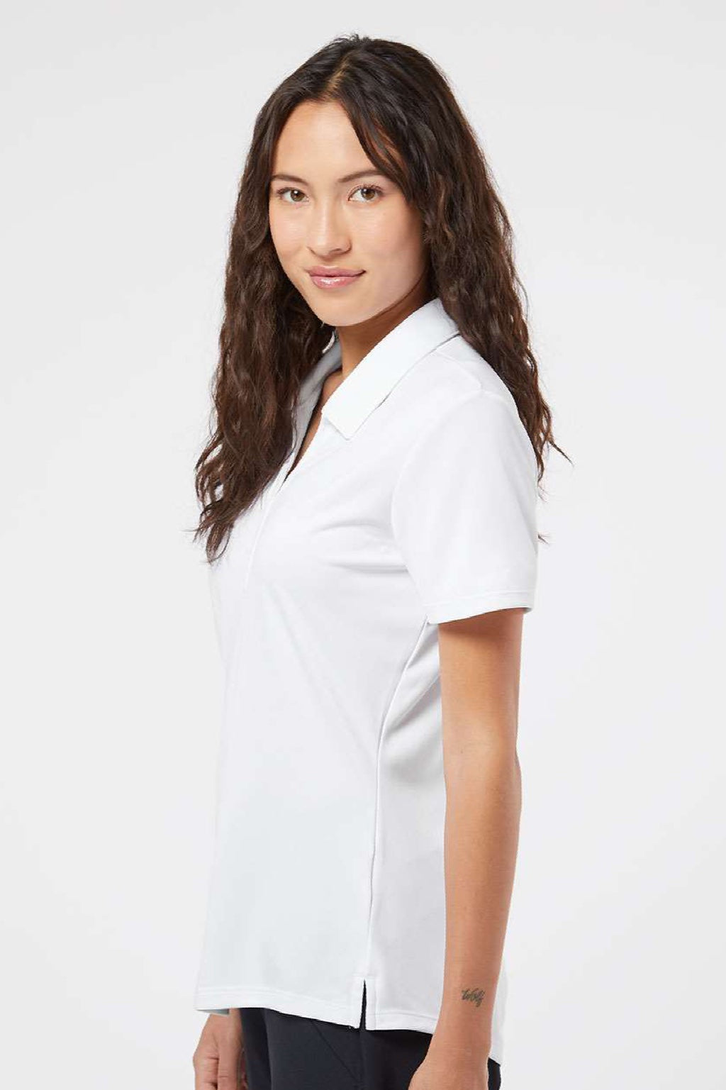 Adidas A481 Womens Floating 3 UPF 50+ Stripes Short Sleeve Polo Shirt White Model Side