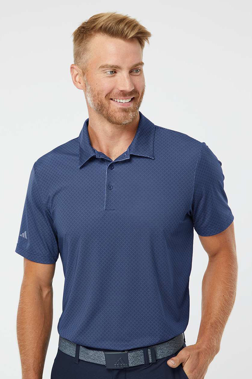 Adidas A498 Mens Diamond Dot Moisture Wicking Short Sleeve Polo Shirt Navy Blue/White/Grey Model Front
