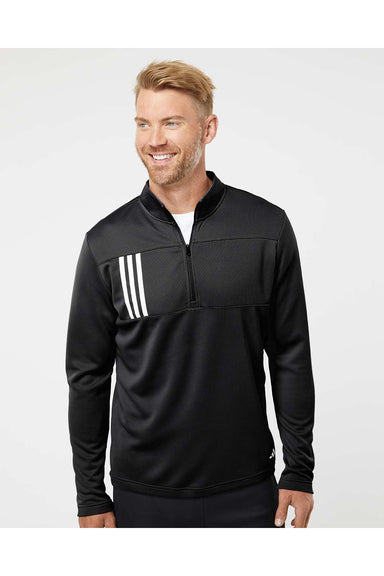 Adidas A482 Mens 3 Stripes Double Knit 1/4 Zip Pullover Black/Grey Model Front