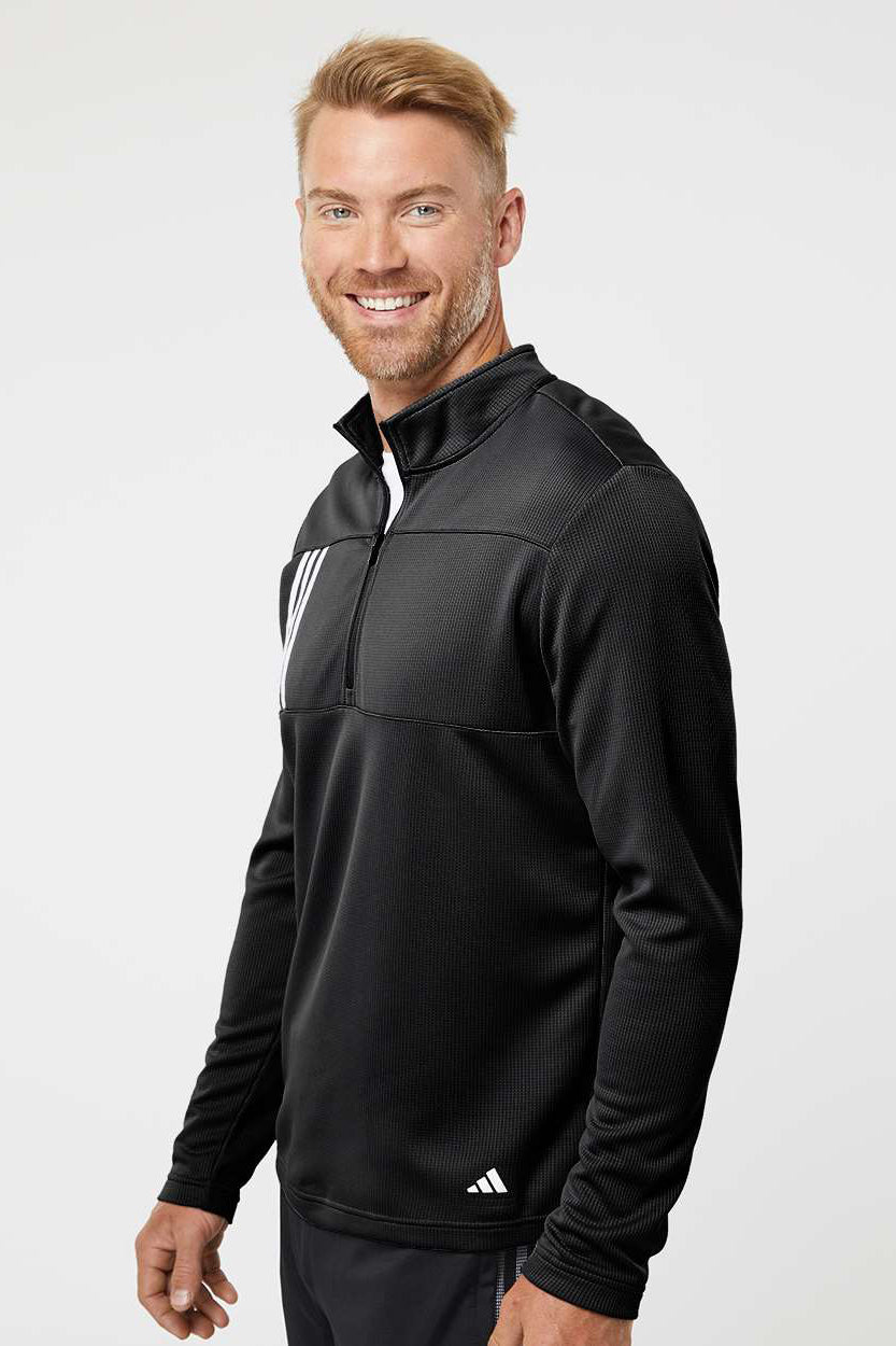 Adidas A482 Mens 3 Stripes Double Knit Moisture Wicking 1/4 Zip Sweatshirt Black Model Side