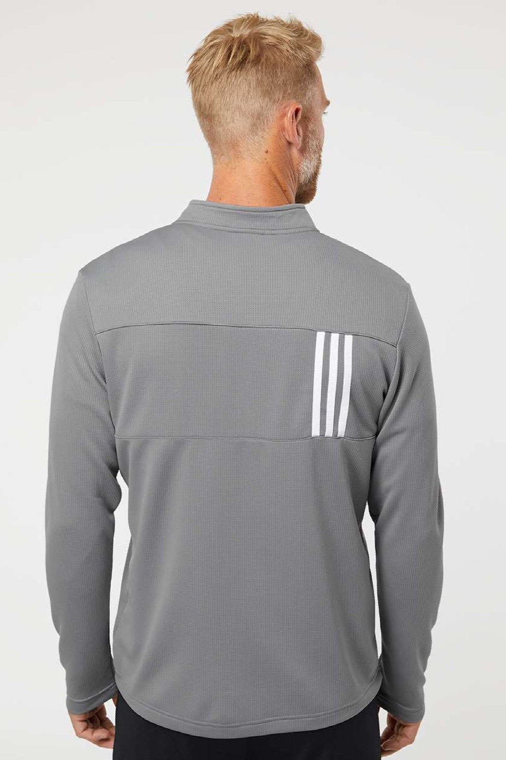 Adidas A482 Mens 3 Stripes Double Knit Moisture Wicking 1/4 Zip Sweatshirt Grey Model Back