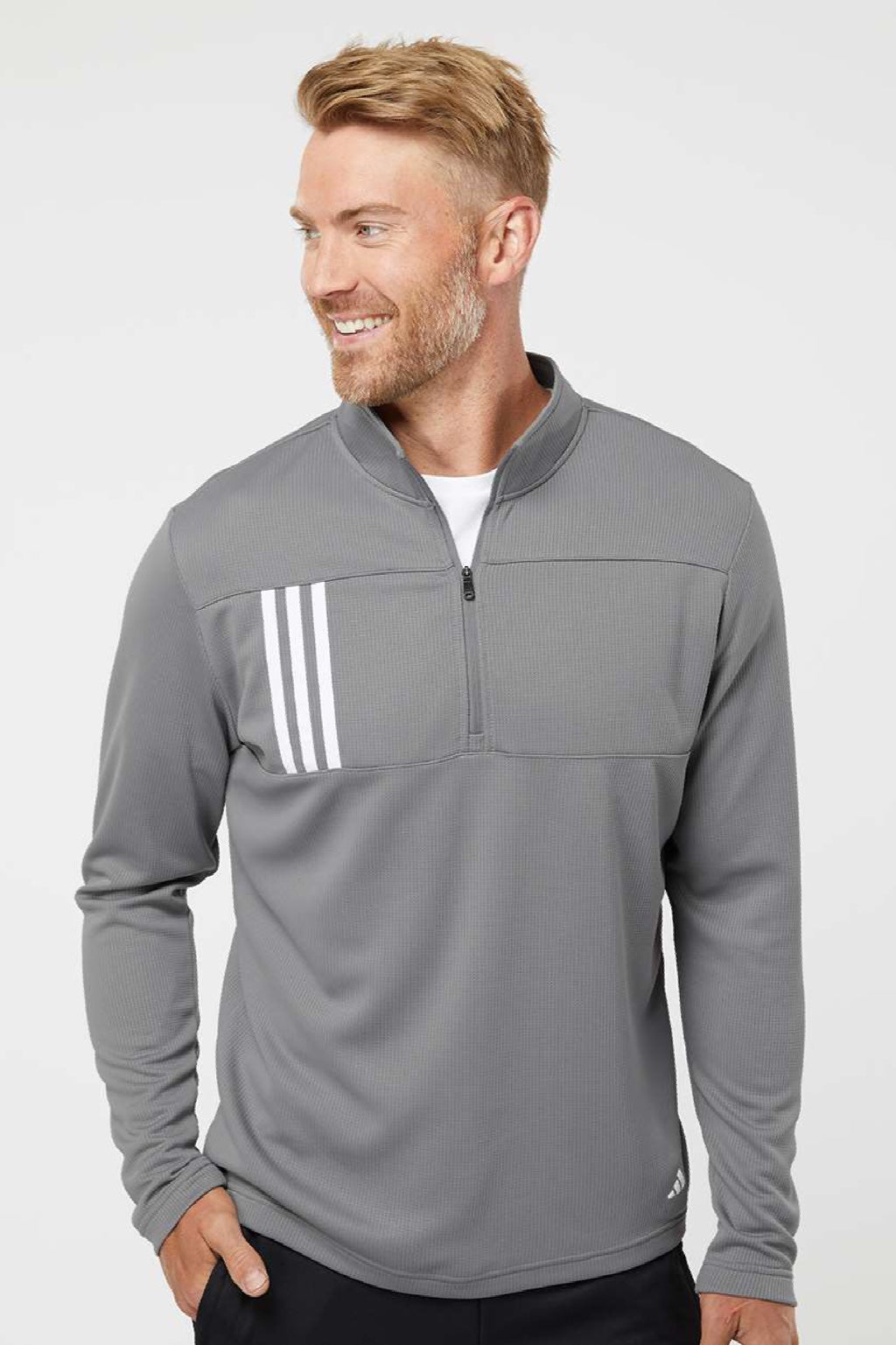 Adidas A482 Mens 3 Stripes Double Knit Moisture Wicking 1/4 Zip Sweatshirt Grey Model Front