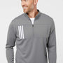 Adidas Mens 3 Stripes Double Knit Moisture Wicking 1/4 Zip Sweatshirt - Grey/White - NEW