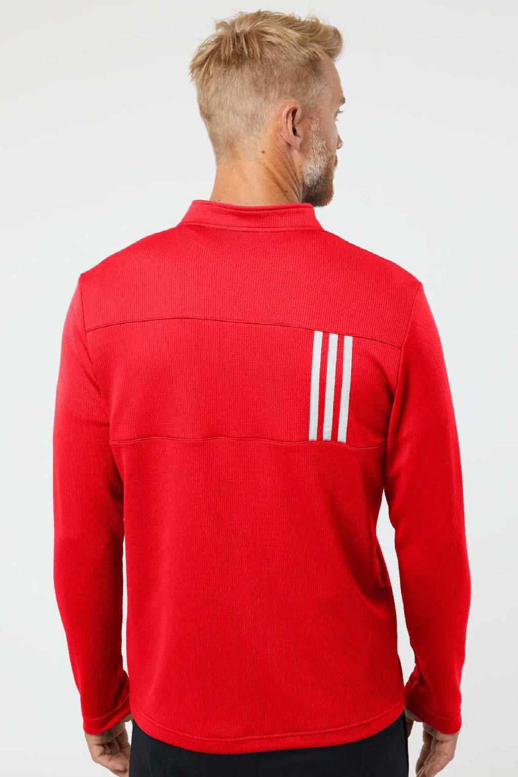 Adidas A482 Mens 3 Stripes Double Knit Moisture Wicking 1/4 Zip Sweatshirt Team Collegiate Red Model Back