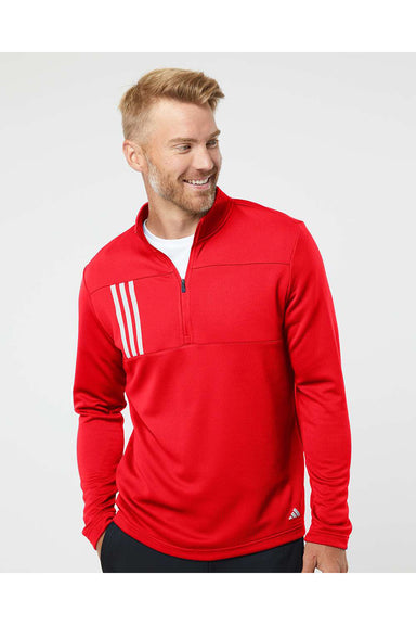 Adidas A482 Mens 3 Stripes Double Knit 1/4 Zip Pullover Team Collegiate Red/Grey Model Front