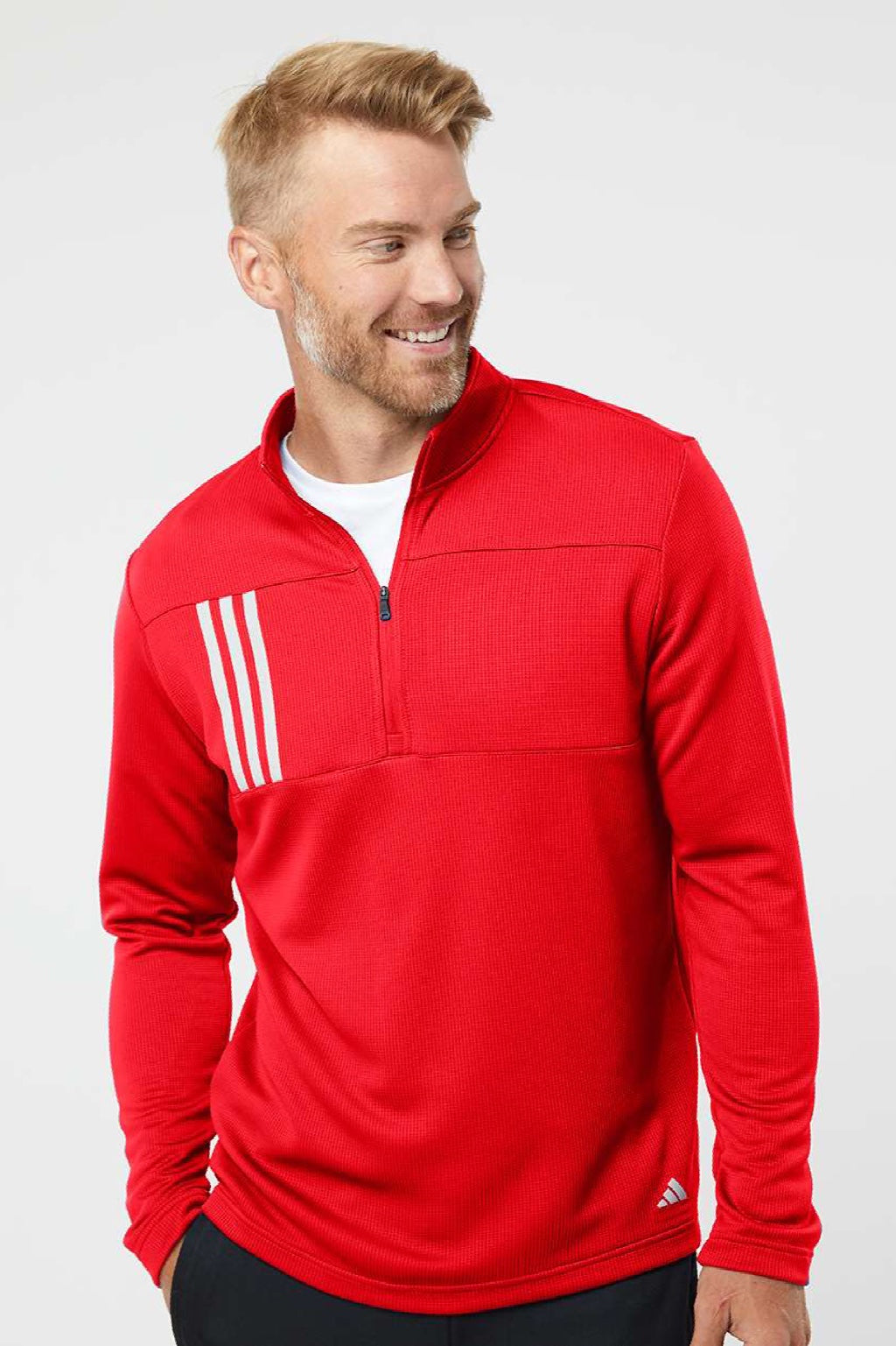 Adidas A482 Mens 3 Stripes Double Knit Moisture Wicking 1/4 Zip Sweatshirt Team Collegiate Red Model Front