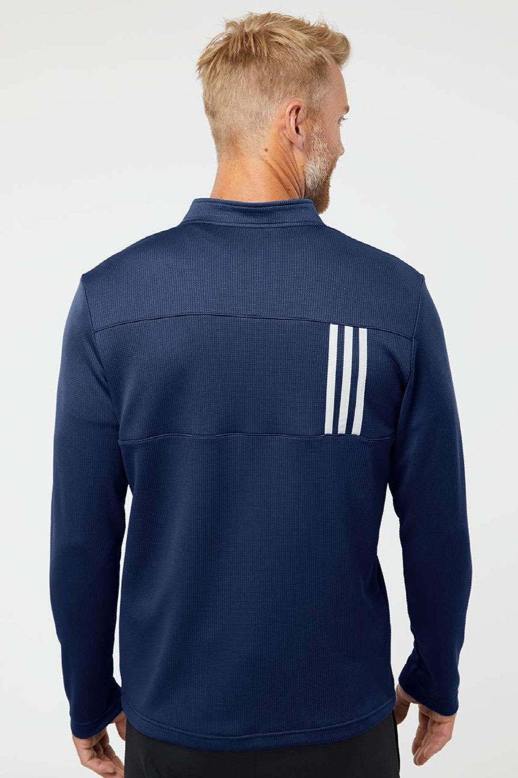 Adidas A482 Mens 3 Stripes Double Knit Moisture Wicking 1/4 Zip Sweatshirt Team Navy Blue Model Back