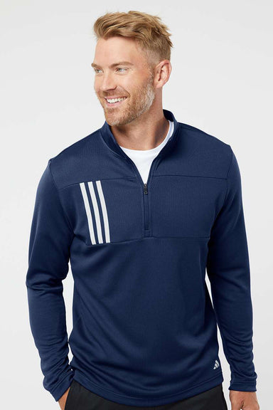 Adidas A482 Mens 3 Stripes Double Knit 1/4 Zip Pullover Team Navy Blue/Grey Model Front