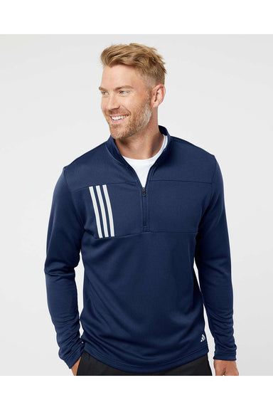 Adidas A482 Mens 3 Stripes Double Knit 1/4 Zip Pullover Team Navy Blue/Grey Model Front