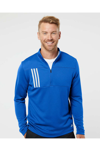 Adidas A482 Mens 3 Stripes Double Knit 1/4 Zip Pullover Team Royal Blue/Grey Model Front