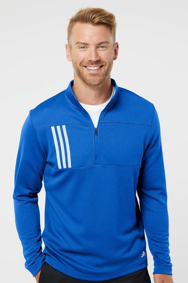 Adidas A482 Mens 3 Stripes Double Knit Moisture Wicking 1/4 Zip Sweatshirt Team Royal Blue Model Front