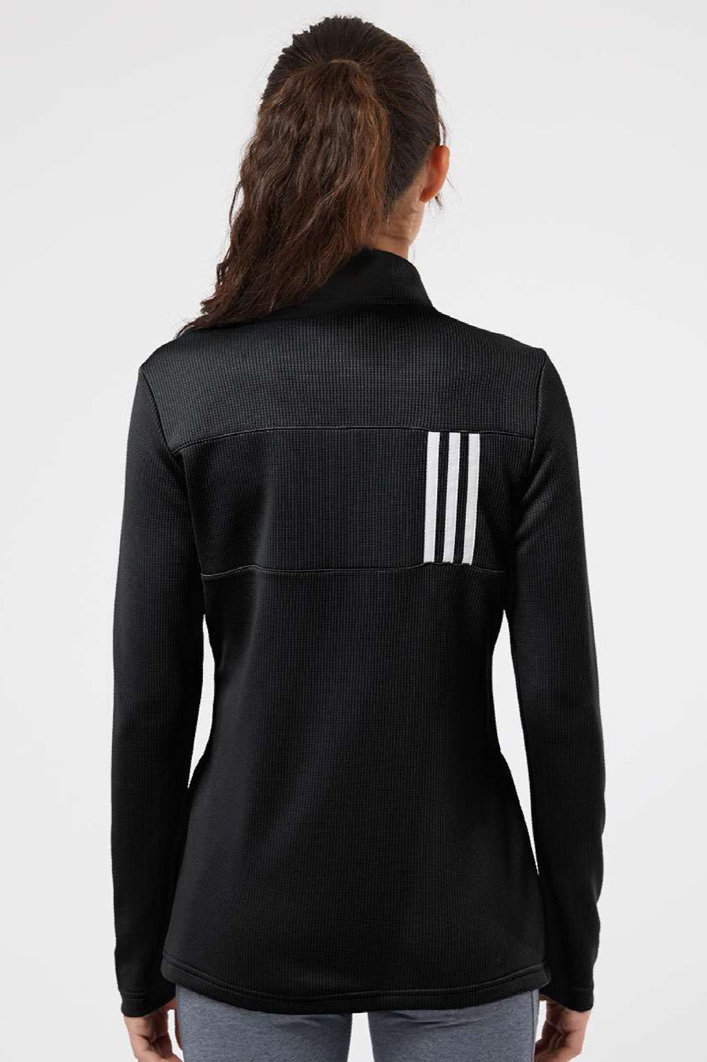 Adidas A483 Womens 3 Stripes Double Knit Moisture Wicking 1/4 Zip Sweatshirt w/ Pockets Black Model Back