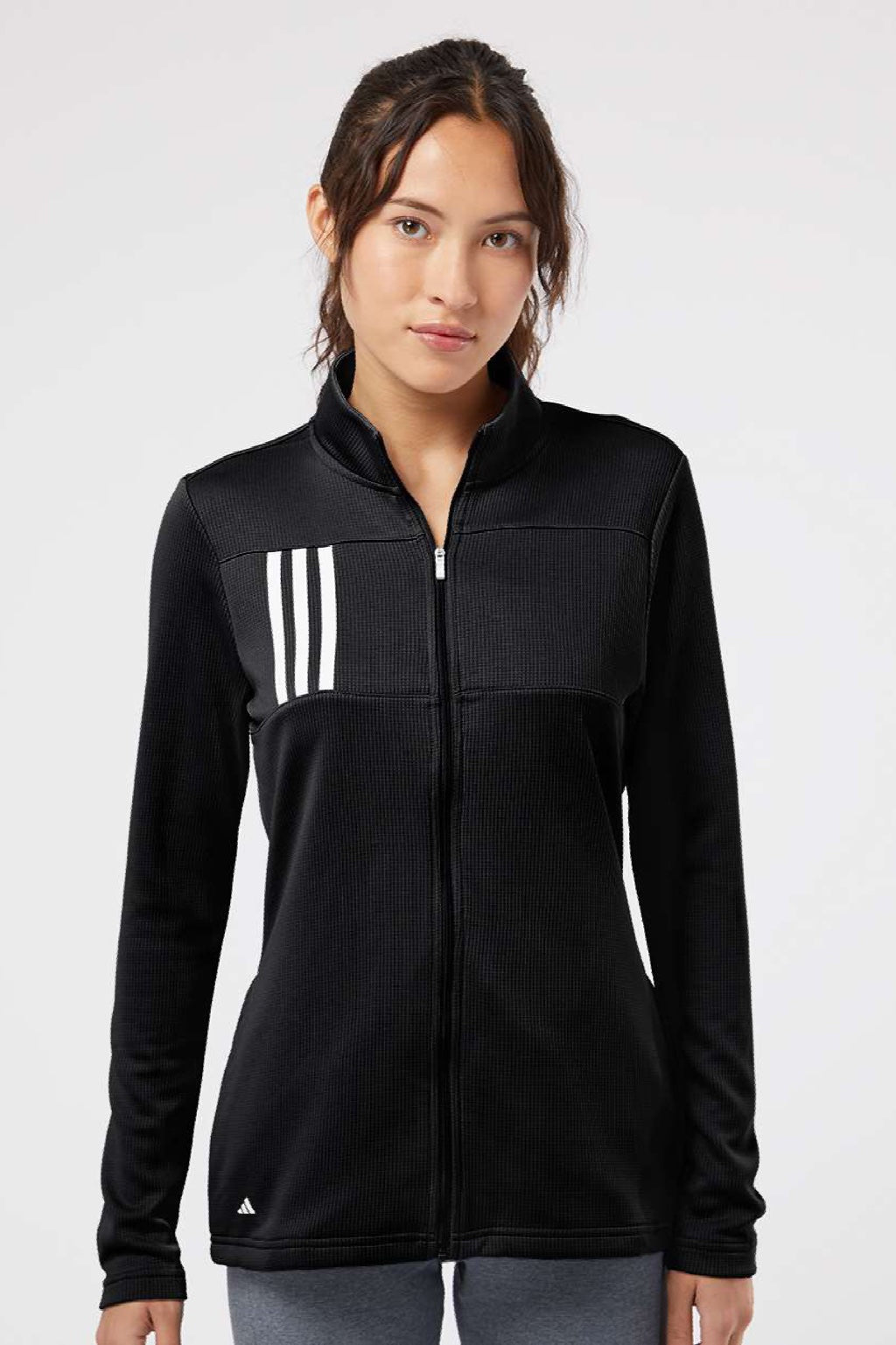 Adidas A483 Womens 3 Stripes Double Knit Moisture Wicking 1/4 Zip Sweatshirt w/ Pockets Black Model Front