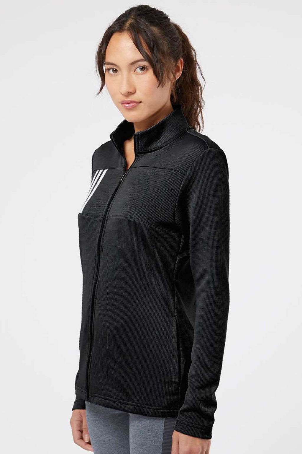 Adidas A483 Womens 3 Stripes Double Knit Moisture Wicking 1/4 Zip Sweatshirt w/ Pockets Black Model Side