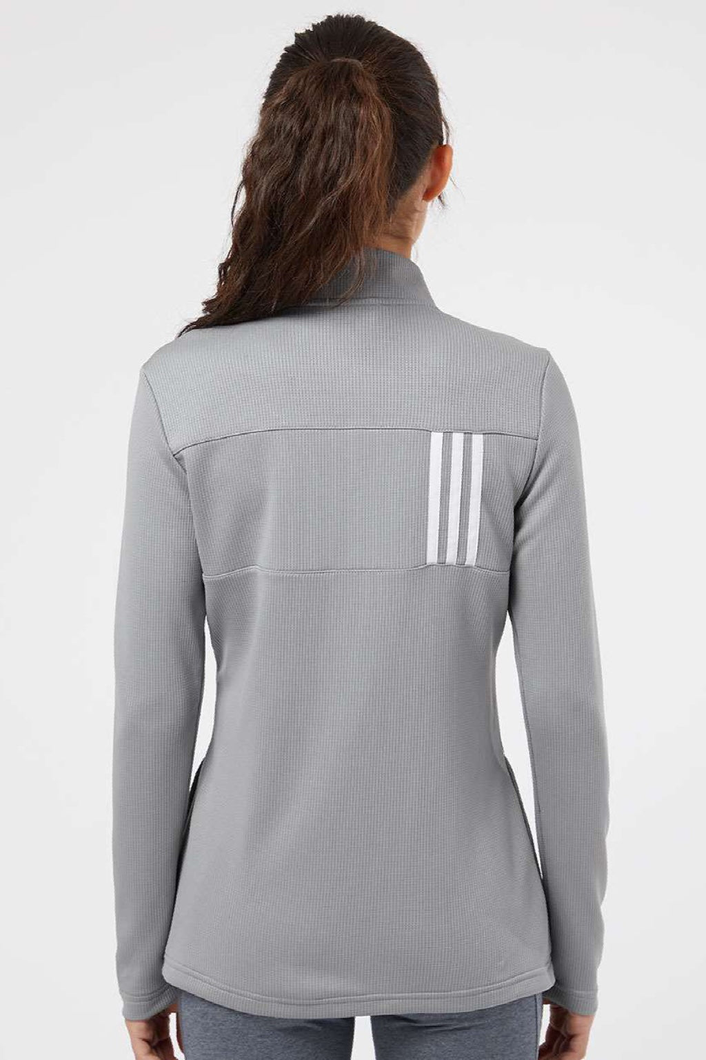 Adidas A483 Womens 3 Stripes Double Knit Moisture Wicking 1/4 Zip Sweatshirt w/ Pockets Grey Model Back