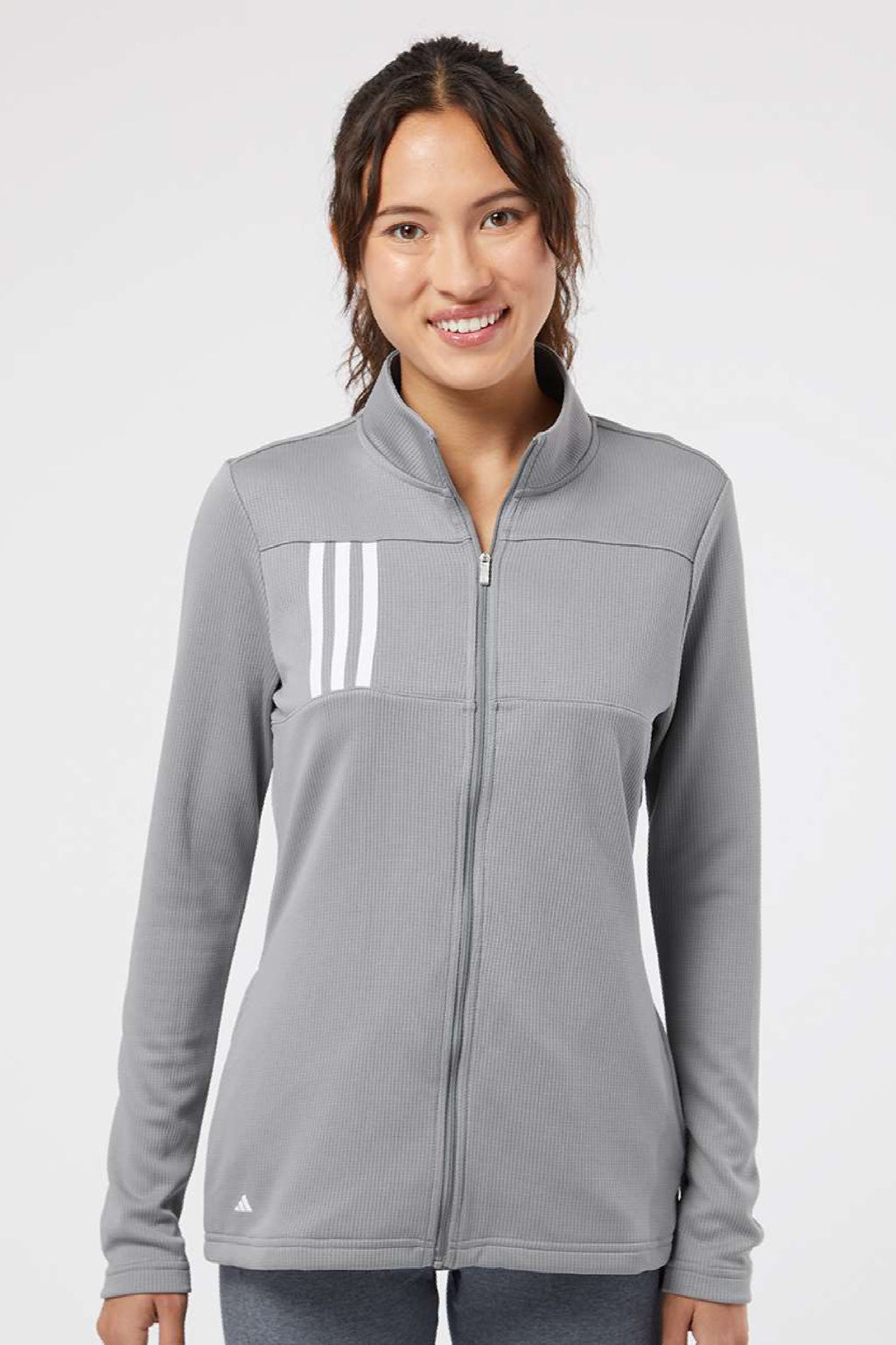 Adidas A483 Womens 3 Stripes Double Knit Moisture Wicking 1/4 Zip Sweatshirt w/ Pockets Grey Model Front