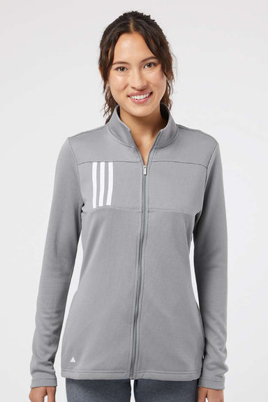 Adidas A483 Womens 3 Stripes Double Knit Moisture Wicking 1/4 Zip Sweatshirt w/ Pockets Grey Model Front