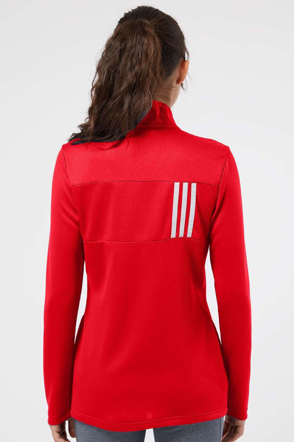 Adidas A483 Womens 3 Stripes Double Knit Moisture Wicking 1/4 Zip Sweatshirt w/ Pockets Team Collegiate Red Model Back