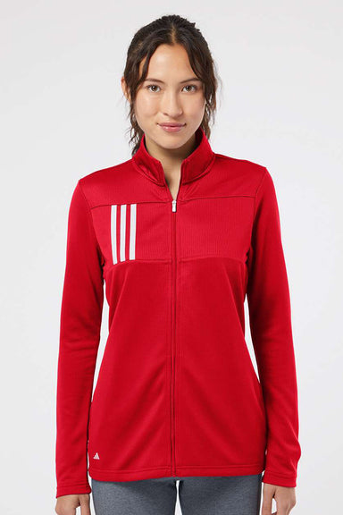 Adidas A483 Womens 3 Stripes Double Knit Moisture Wicking 1/4 Zip Sweatshirt Team Collegiate Red/Grey Model Front