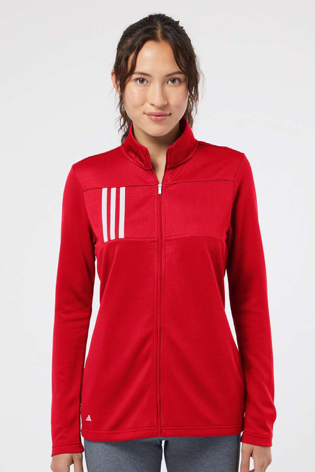 Adidas A483 Womens 3 Stripes Double Knit Moisture Wicking 1/4 Zip Sweatshirt w/ Pockets Team Collegiate Red Model Front