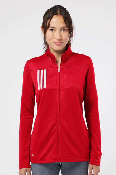 Adidas A483 Womens 3 Stripes Double Knit Moisture Wicking 1/4 Zip Sweatshirt w/ Pockets Team Collegiate Red Model Front