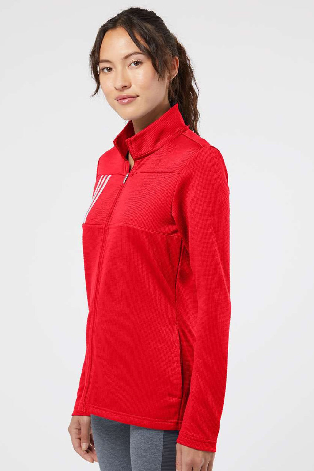Adidas A483 Womens 3 Stripes Double Knit Moisture Wicking 1/4 Zip Sweatshirt w/ Pockets Team Collegiate Red Model Side