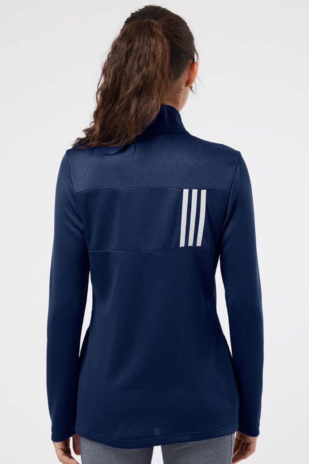 Adidas A483 Womens 3 Stripes Double Knit Moisture Wicking 1/4 Zip Sweatshirt w/ Pockets Team Navy Blue Model Back