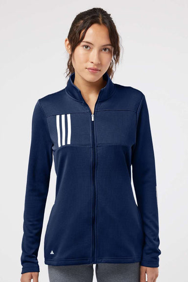Adidas A483 Womens 3 Stripes Double Knit Moisture Wicking 1/4 Zip Sweatshirt w/ Pockets Team Navy Blue Model Front