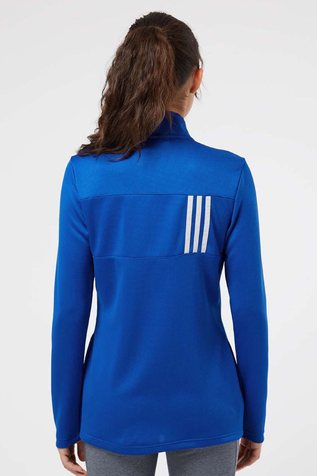 Adidas A483 Womens 3 Stripes Double Knit Moisture Wicking 1/4 Zip Sweatshirt w/ Pockets Team Royal Blue Model Back