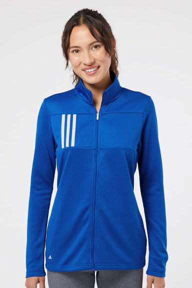 Adidas A483 Womens 3 Stripes Double Knit Moisture Wicking 1/4 Zip Sweatshirt w/ Pockets Team Royal Blue Model Front