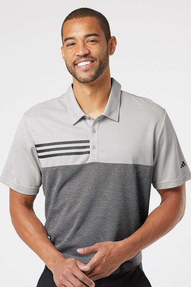 Adidas A508 Mens 3 Stripes Heathered Colorblocked Short Sleeve Polo Shirt Heather Grey/Heather Black Model Front