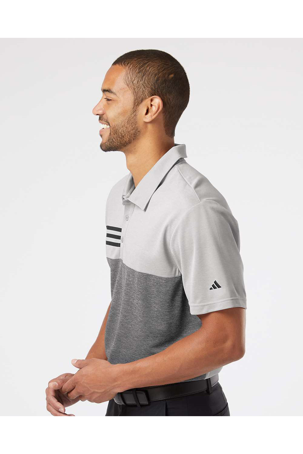 Adidas A508 Mens 3 Stripes Heathered Colorblocked Short Sleeve Polo Shirt Heather Grey/Heather Black Model Side