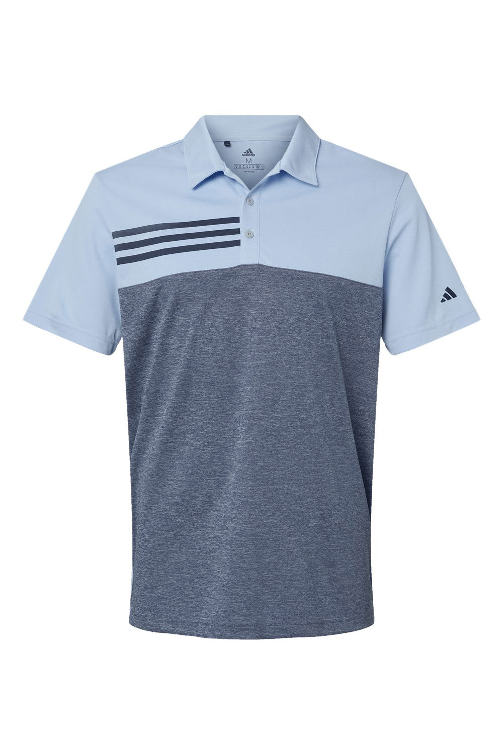 Adidas A508 Mens 3 Stripes Colorblock UPF 50+ Short Sleeve Polo Shirt Glow Blue Heather/Heather Collegiate Navy Blue Flat Front