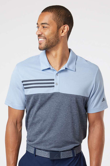 Adidas A508 Mens 3 Stripes Colorblock UPF 50+ Short Sleeve Polo Shirt Glow Blue Heather/Heather Collegiate Navy Blue Model Front