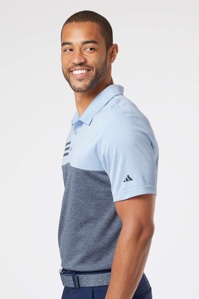 Adidas A508 Mens 3 Stripes Heathered Colorblocked Short Sleeve Polo Shirt Glow Blue Heather/Heather Collegiate Navy Blue Model Side