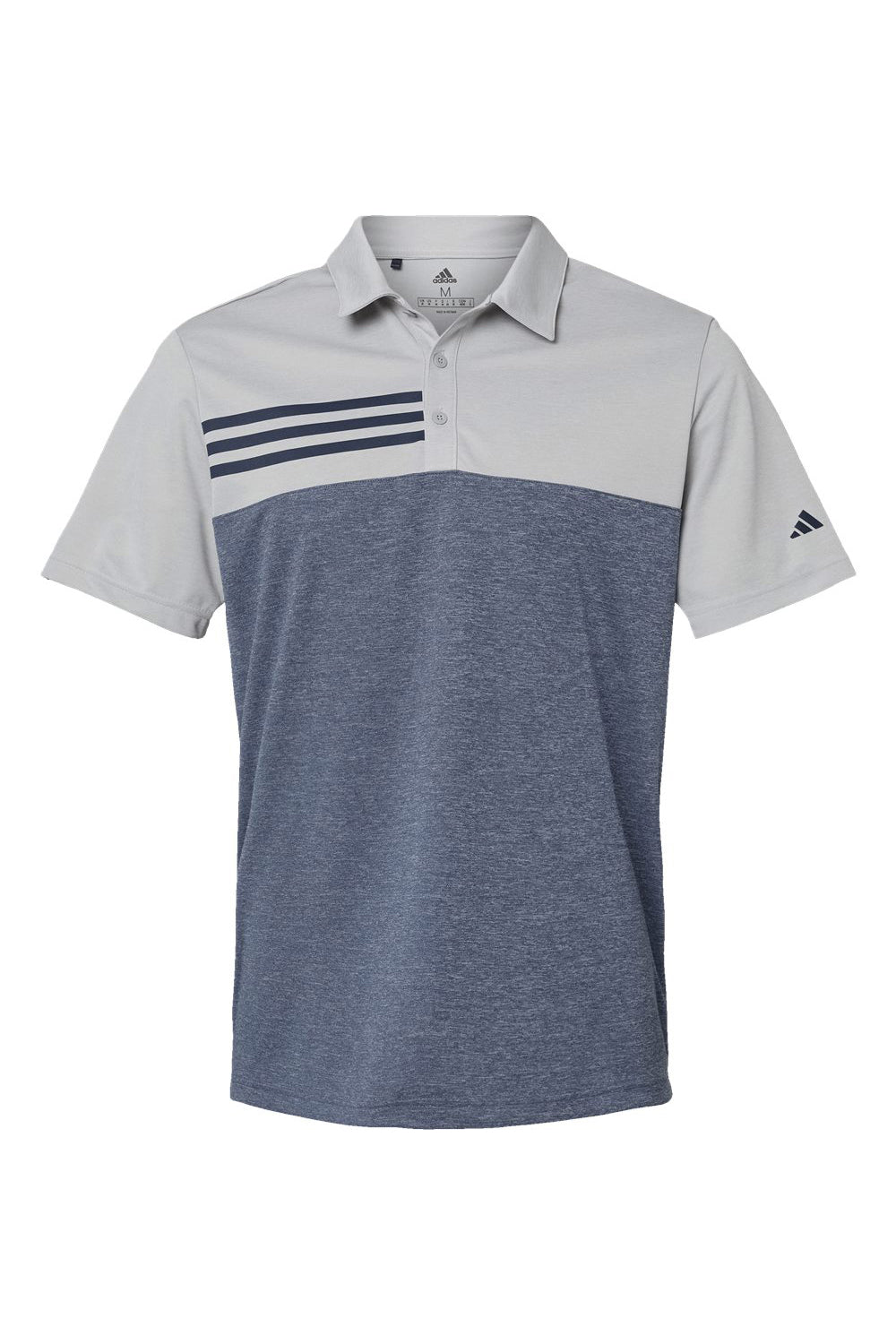 Adidas A508 Mens 3 Stripes Colorblock UPF 50+ Short Sleeve Polo Shirt Heather Grey/Heather Collegiate Navy Blue Flat Front