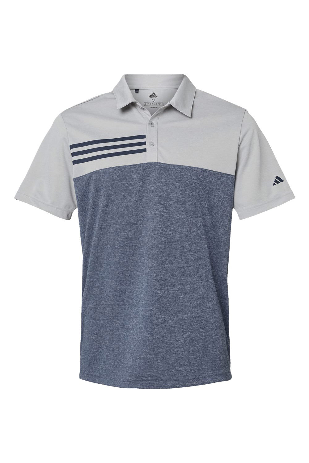 Adidas A508 Mens 3 Stripes Heathered Colorblocked Short Sleeve Polo Shirt Heather Grey/Heather Collegiate Navy Blue Flat Front
