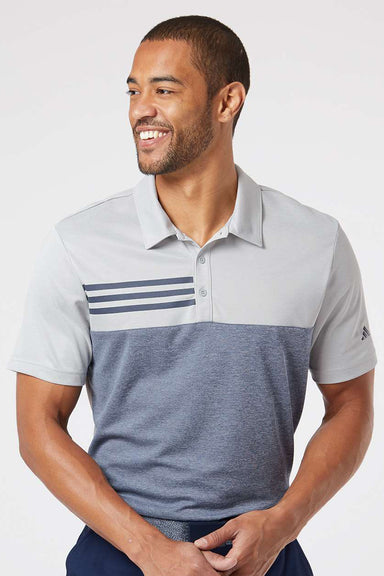 Adidas A508 Mens 3 Stripes Colorblock UPF 50+ Short Sleeve Polo Shirt Heather Grey/Heather Collegiate Navy Blue Model Front