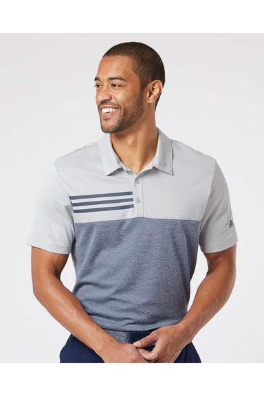 Adidas A508 Mens 3 Stripes Heathered Colorblocked Short Sleeve Polo Shirt Heather Grey/Heather Collegiate Navy Blue Model Front