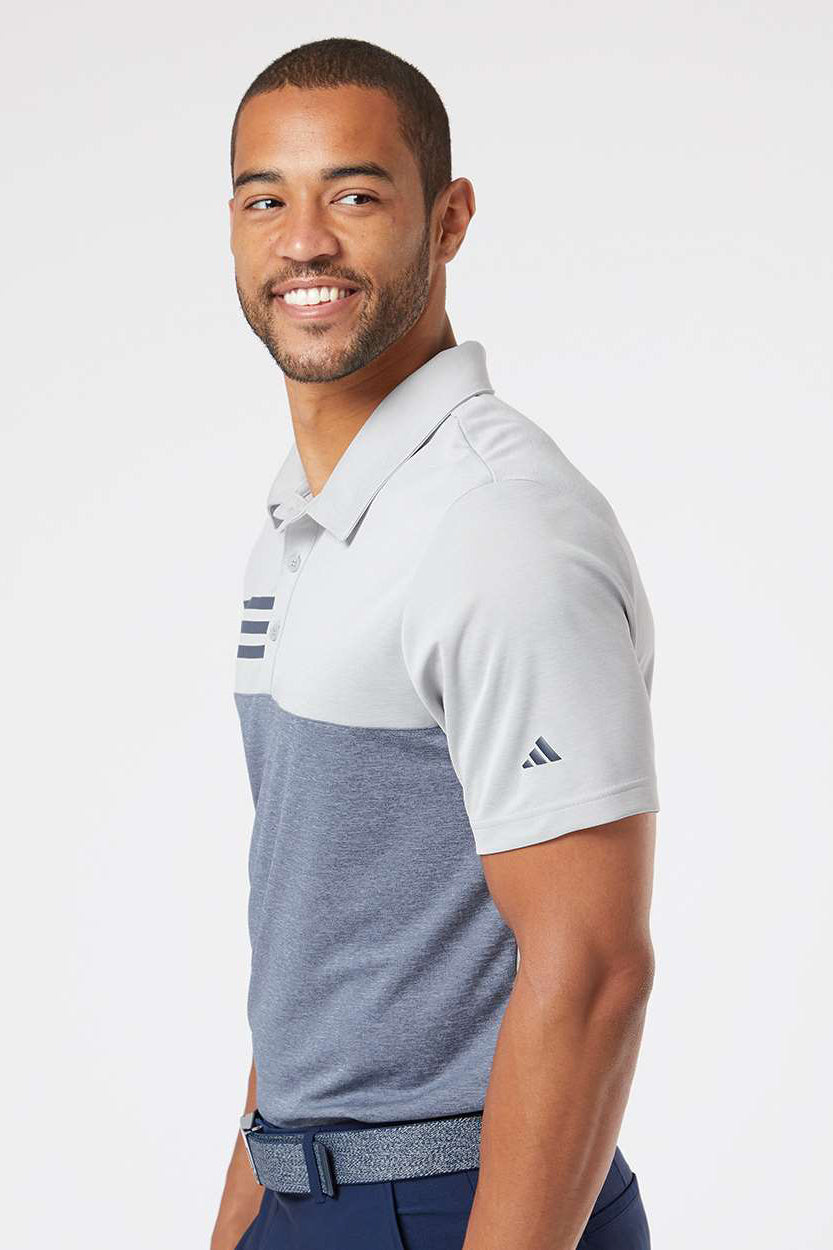 Adidas A508 Mens 3 Stripes Colorblock UPF 50+ Short Sleeve Polo Shirt Heather Grey/Heather Collegiate Navy Blue Model Side