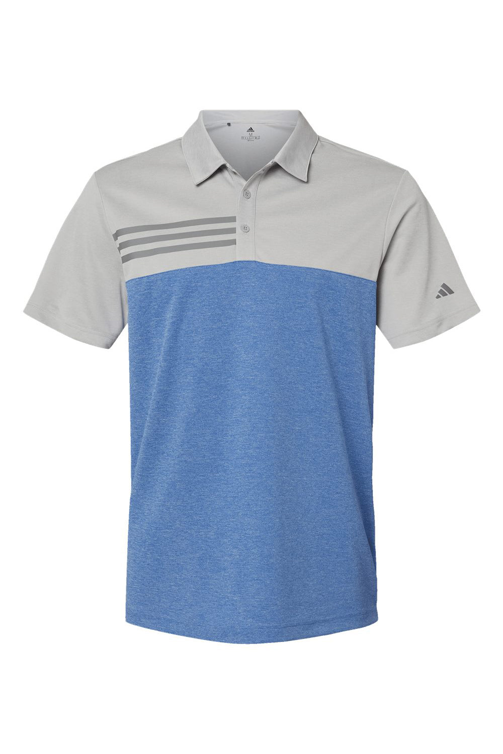 Adidas A508 Mens 3 Stripes Colorblock UPF 50+ Short Sleeve Polo Shirt Heather Grey/Heather Collegiate Royal Blue Flat Front