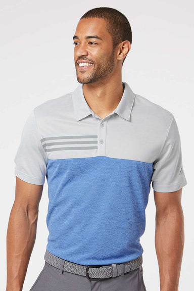 Adidas A508 Mens 3 Stripes Heathered Colorblocked Short Sleeve Polo Shirt Heather Grey/Heather Collegiate Royal Blue Model Front