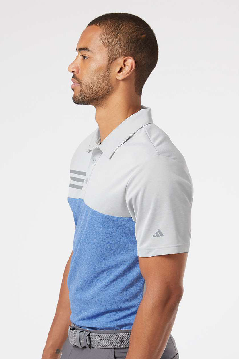 Adidas A508 Mens 3 Stripes Heathered Colorblocked Short Sleeve Polo Shirt Heather Grey/Heather Collegiate Royal Blue Model Side