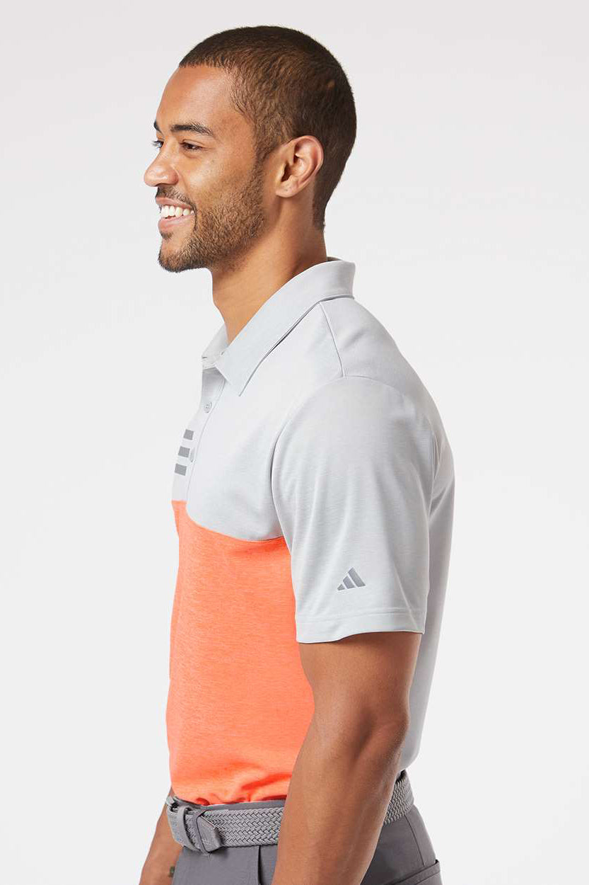 Adidas A508 Mens 3 Stripes Heathered Colorblocked Short Sleeve Polo Shirt Heather Grey/Heather Coral Model Side