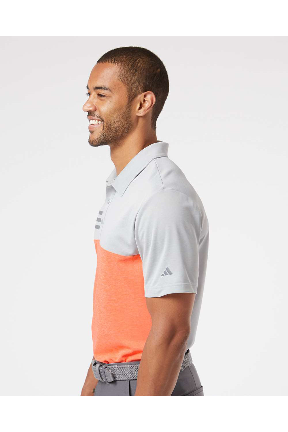 Adidas A508 Mens 3 Stripes Heathered Colorblocked Short Sleeve Polo Shirt Heather Grey/Heather Coral Model Side